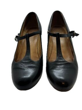 Frye Lisa T-Strap Black Leather Mary Jane Loafers Shoes Chunky Block Heels 8M